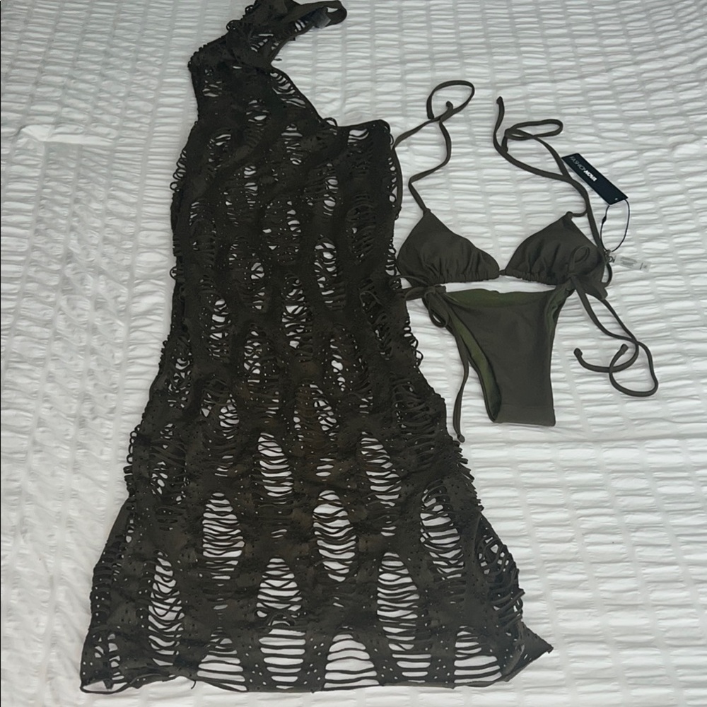 NWT - Fashion Nova Olive Green Bikini Set with Crochet Cover-Up - Size XS